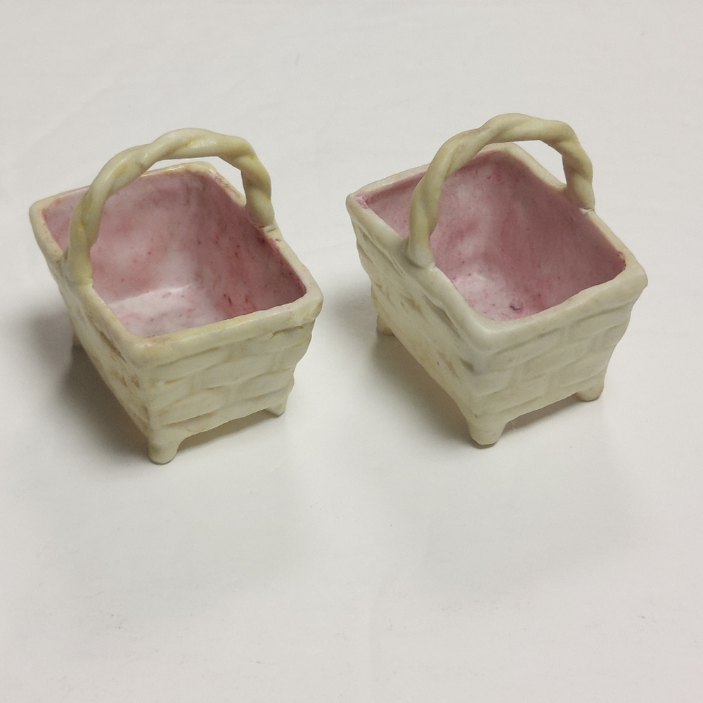 Vtg Two hand painted MINIATURE porcelain baskets w/handles Salt well Nut cup